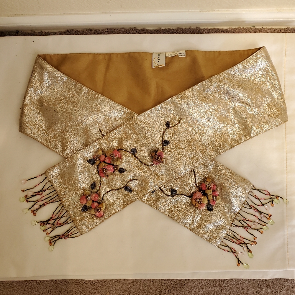 !!!RARE!!! Mary Frances Metallic Gold & Floral Scarf, Beaded Trim